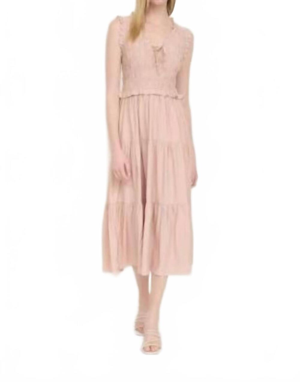NEW BLU PEPPER smocked front tie ruffle detail tiered midi dress in dusty pink